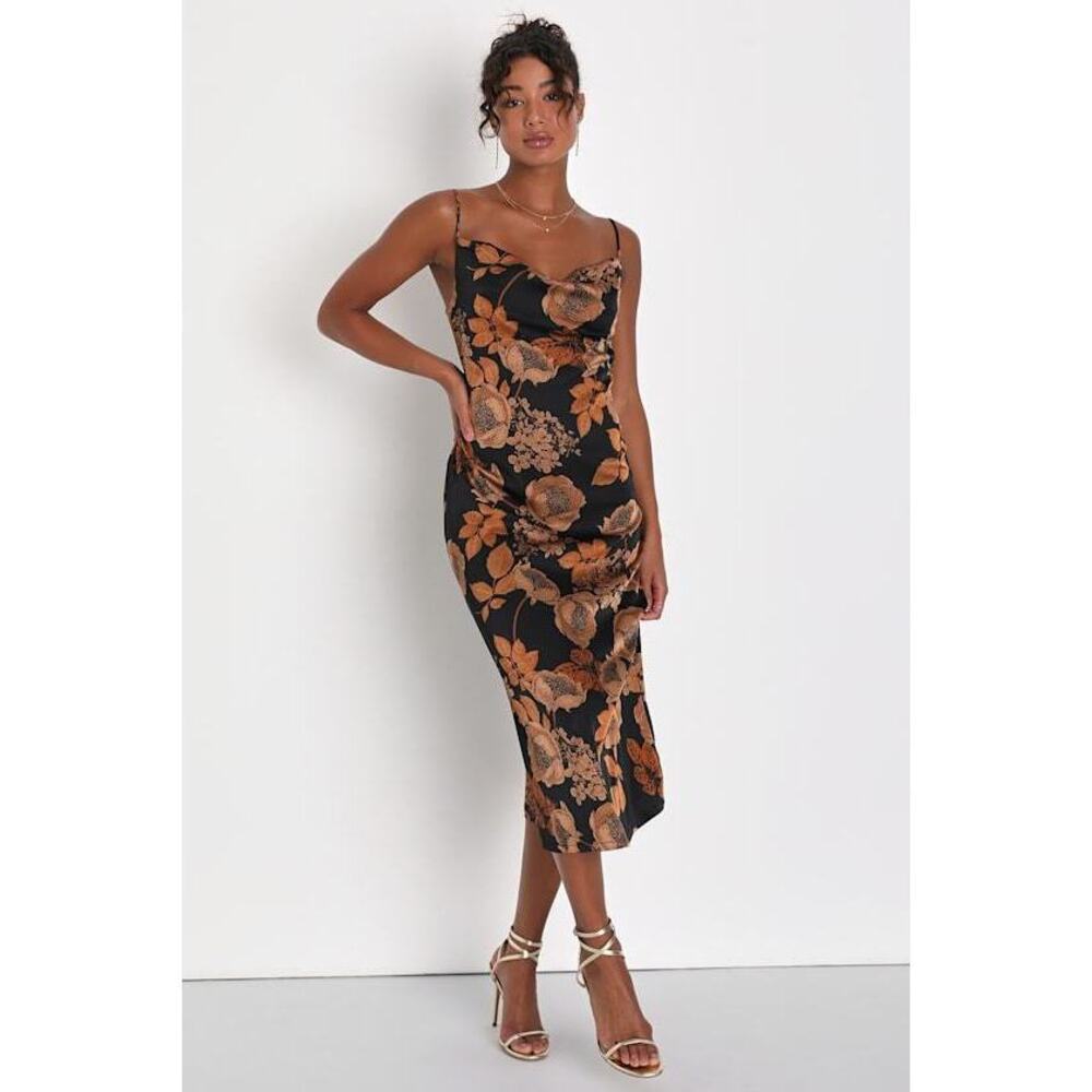 Lulus Favorite Icon Black Floral Satin Cowl Neck Slip Midi Dress - Size XS